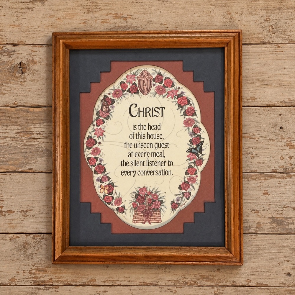 Vintage Christ is the Head of this House Framed Wall Art Floral Blessing 11x9